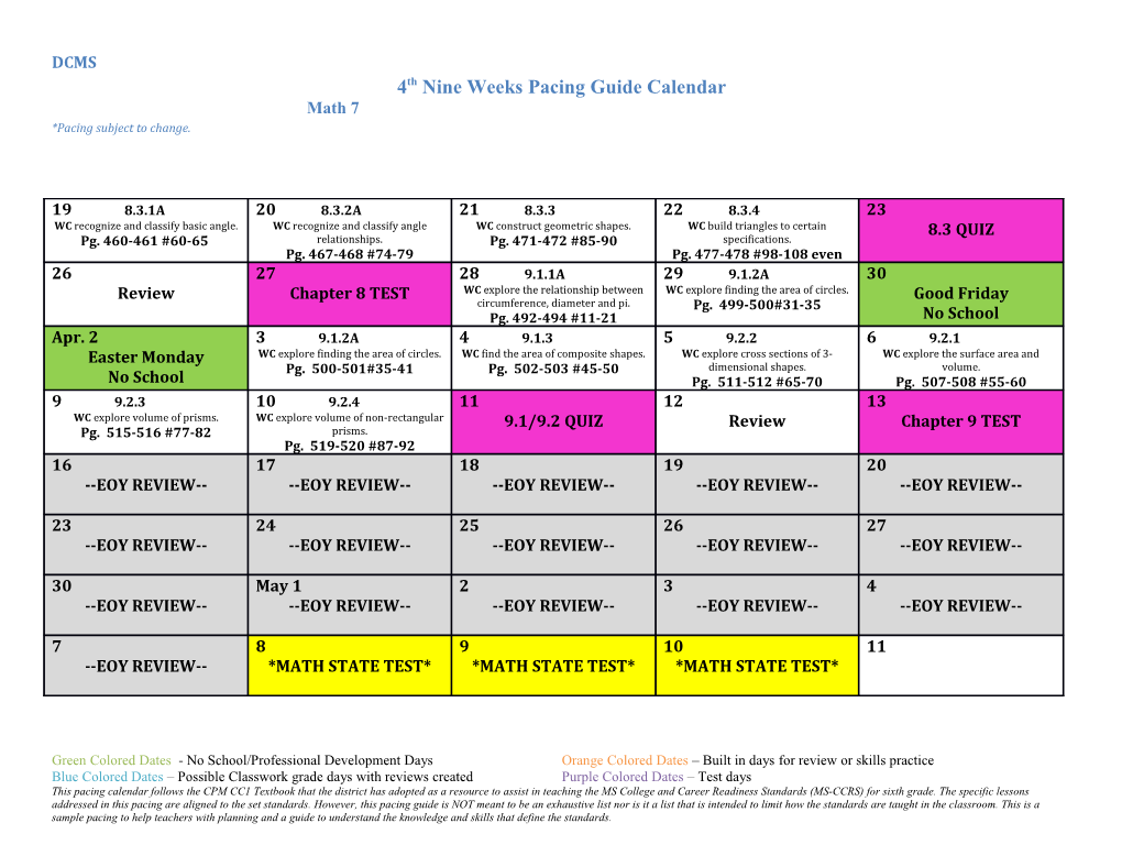 Green Colored Dates - No School/Professional Development Daysorange Colored Dates Built