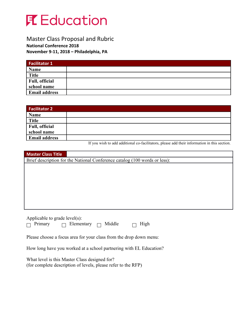 Master Class Proposal and Rubric