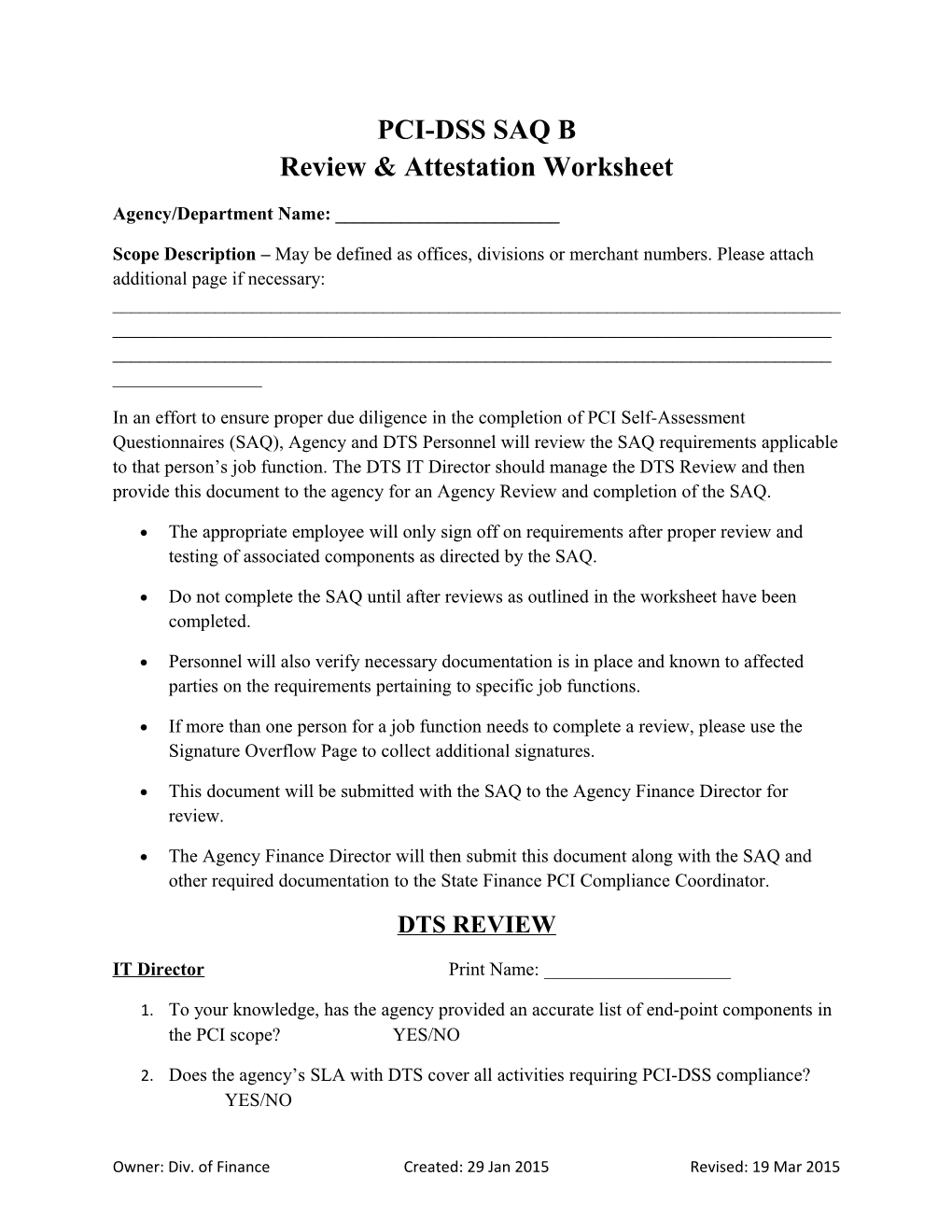 PCI-DSS SAQ B Review & Attestation Worksheet