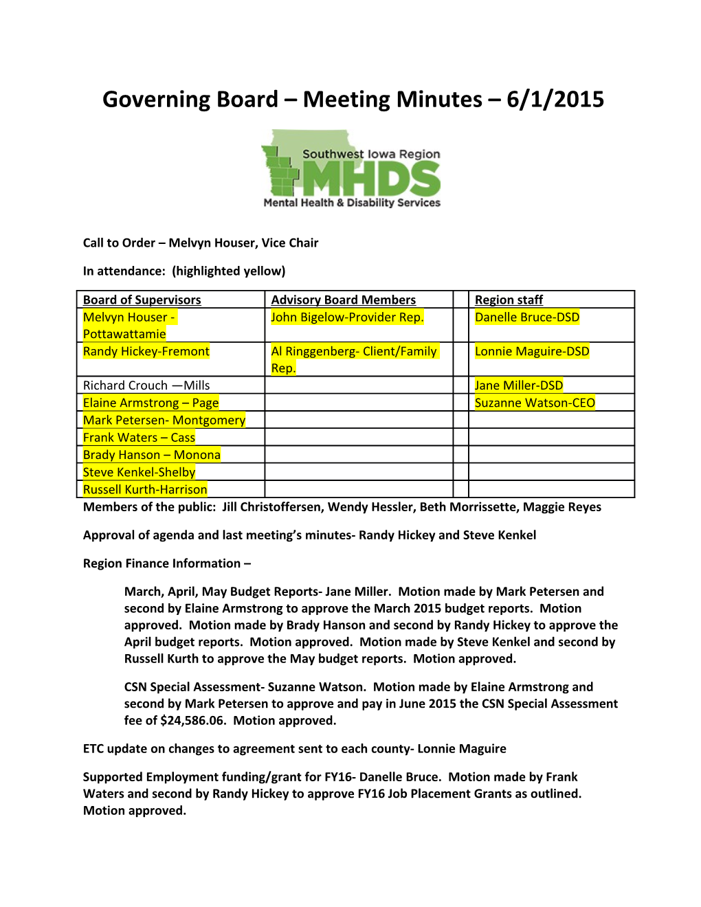 Governing Board Meeting Minutes 6/1/2015