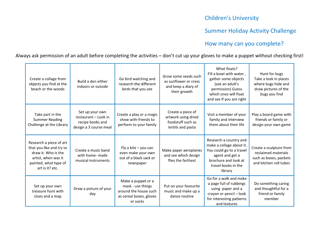 Summer Holiday Activity Challenge