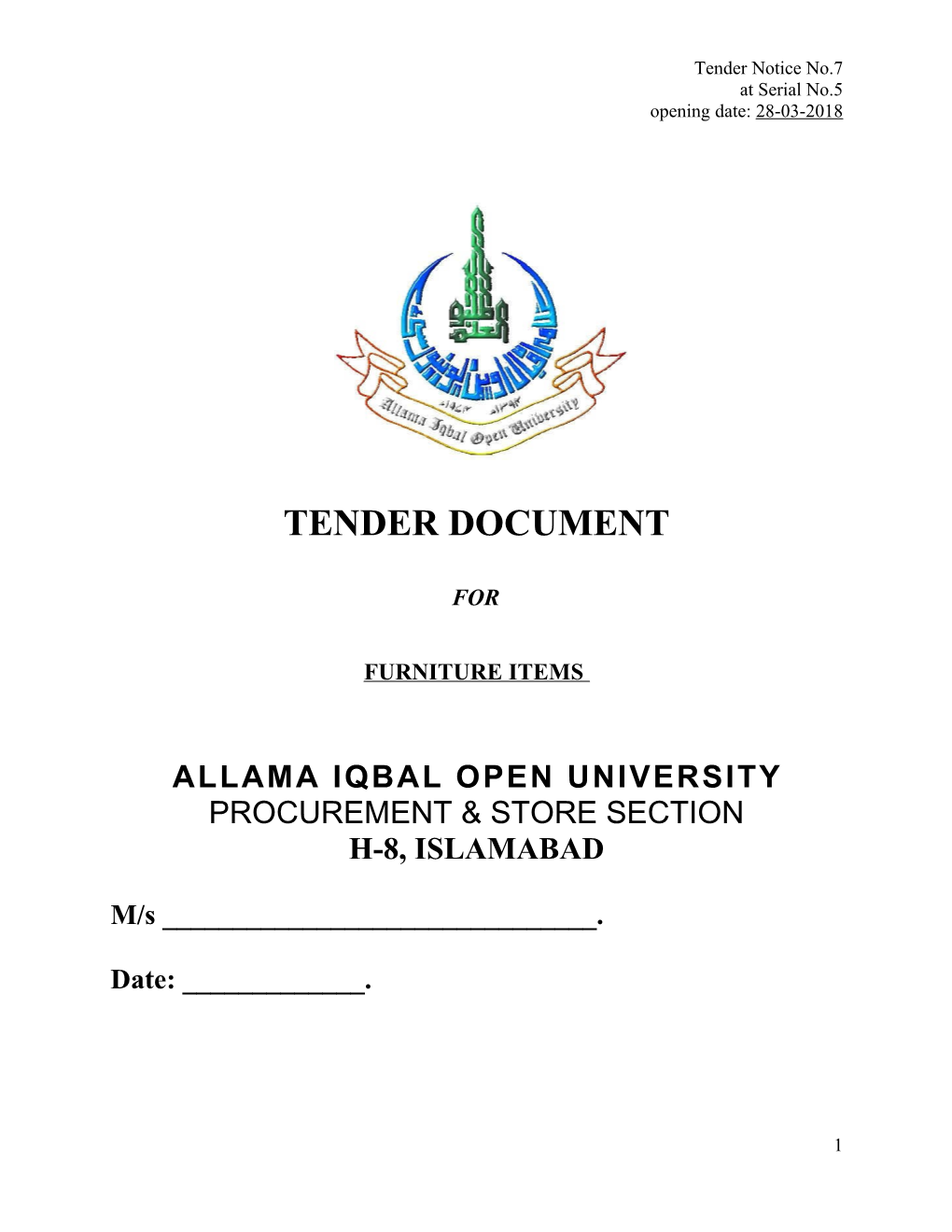 Tender Documents No