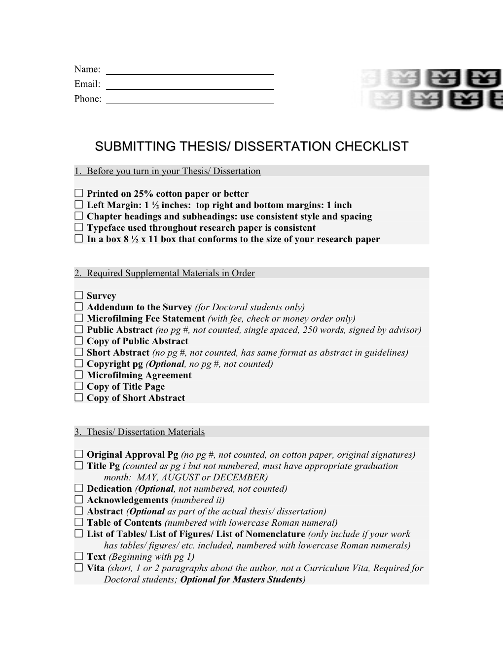 Submitting Thesis/ Dissertation Checklist