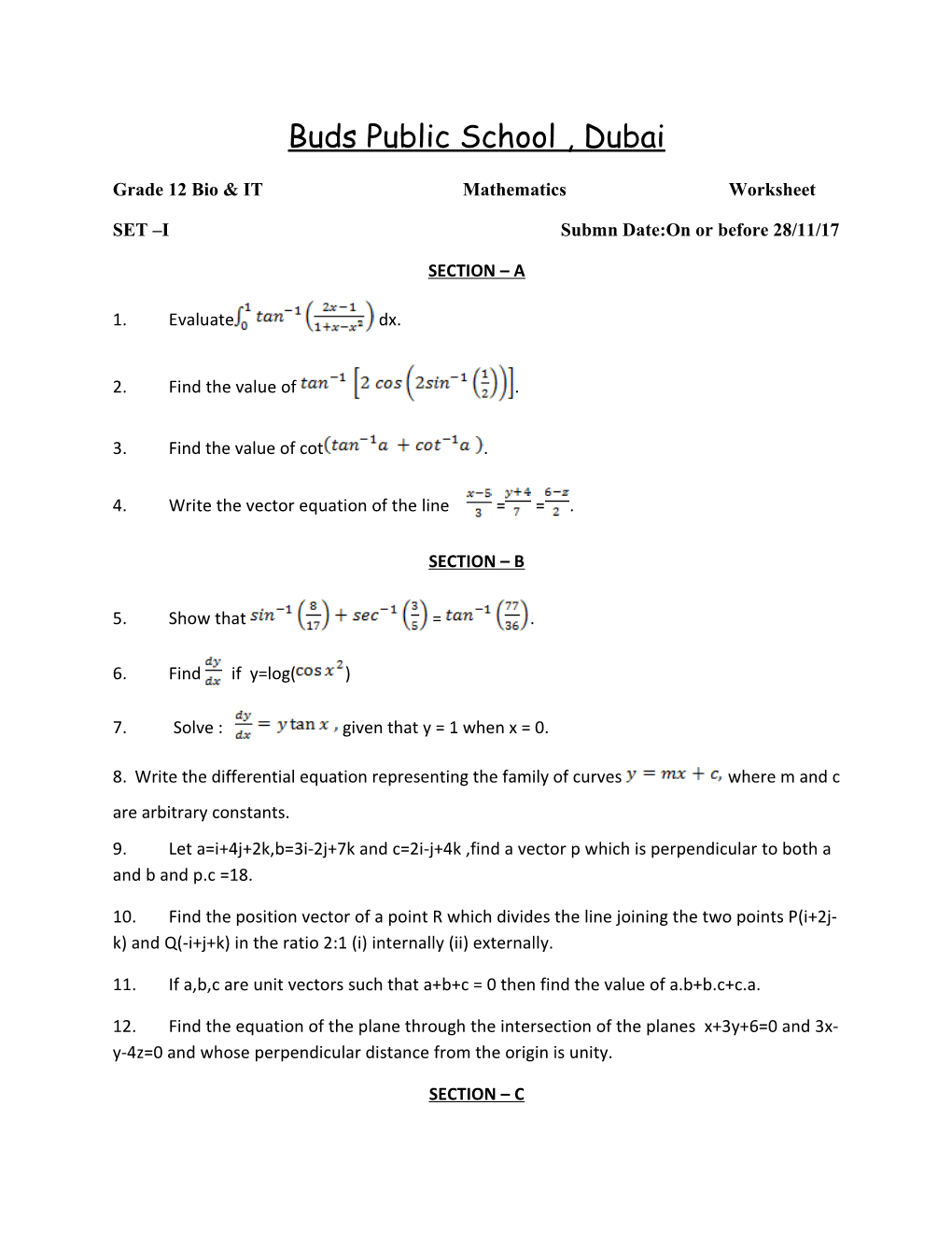 Grade 12 Bio & IT Mathematics Worksheet