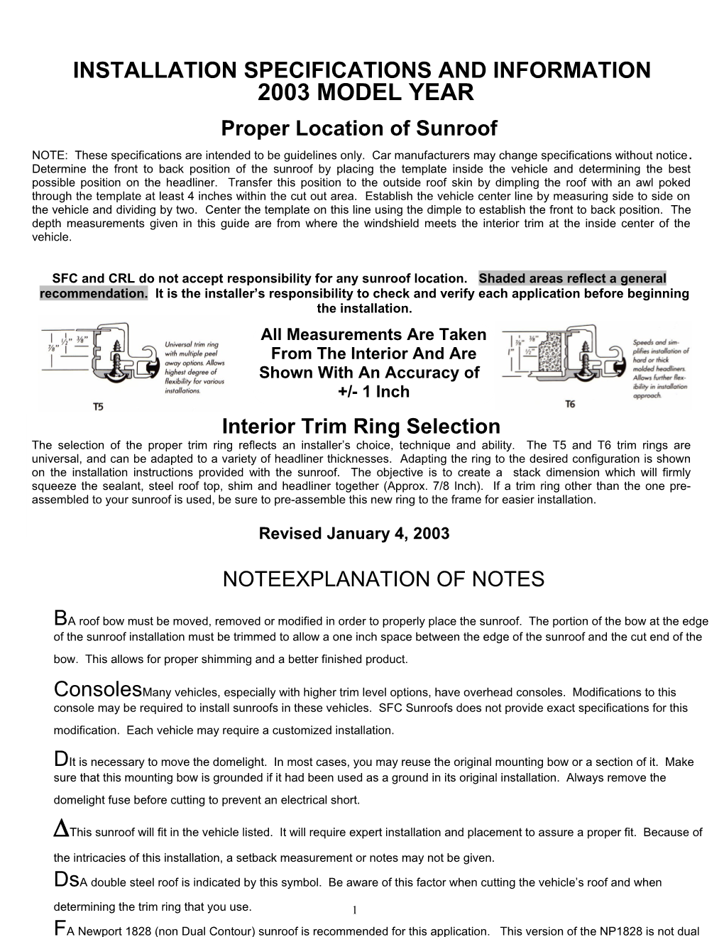 Installation Specifications & Information