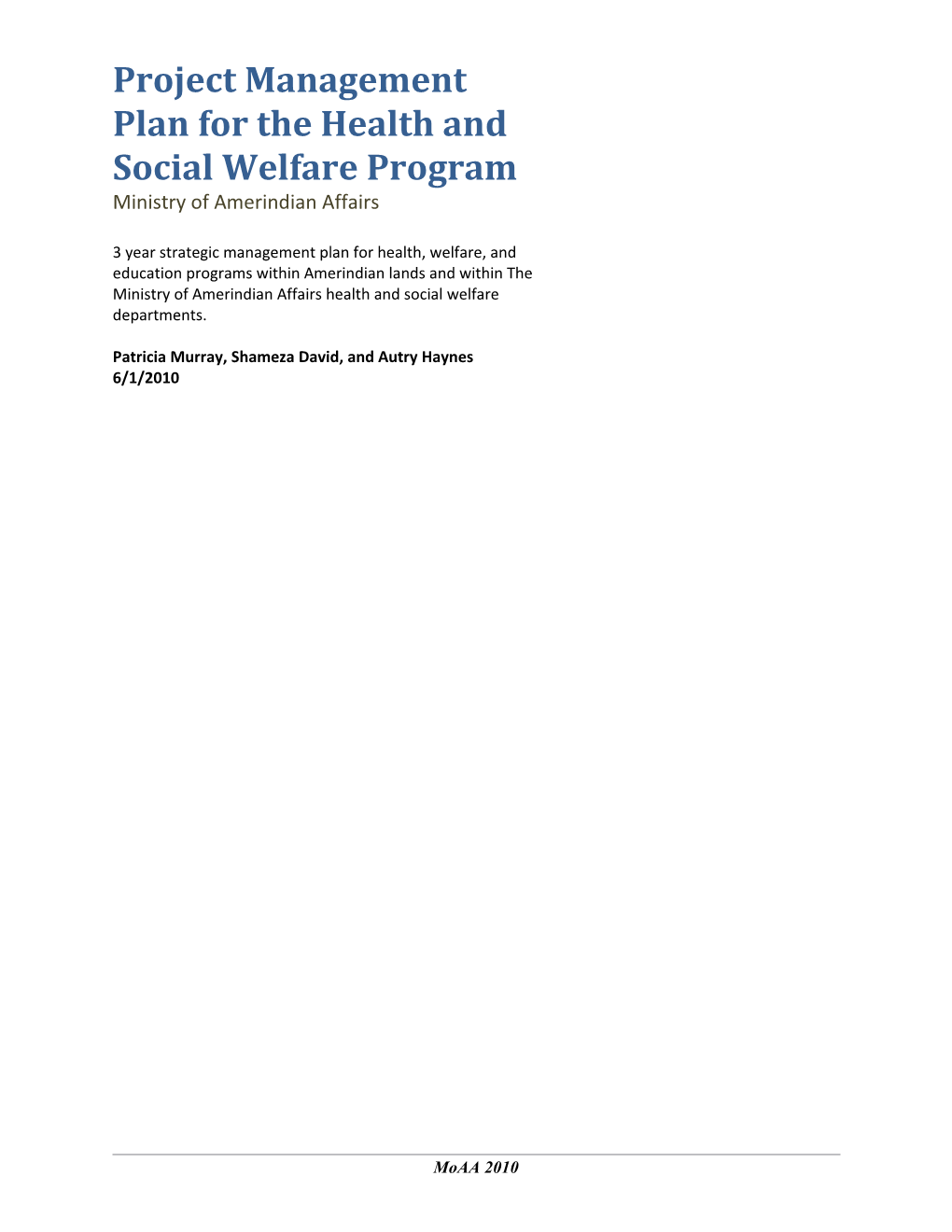 Project Management Plan for the Health and Social Welfare Program