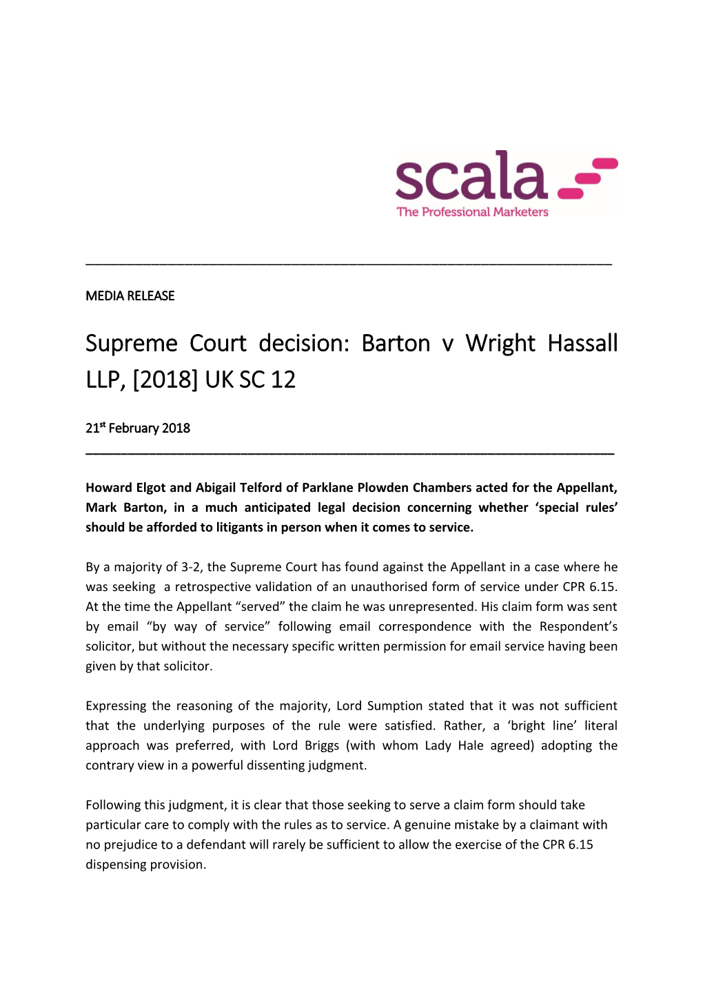 Supreme Court Decision: Barton V Wright Hassall LLP, 2018 UK SC 12