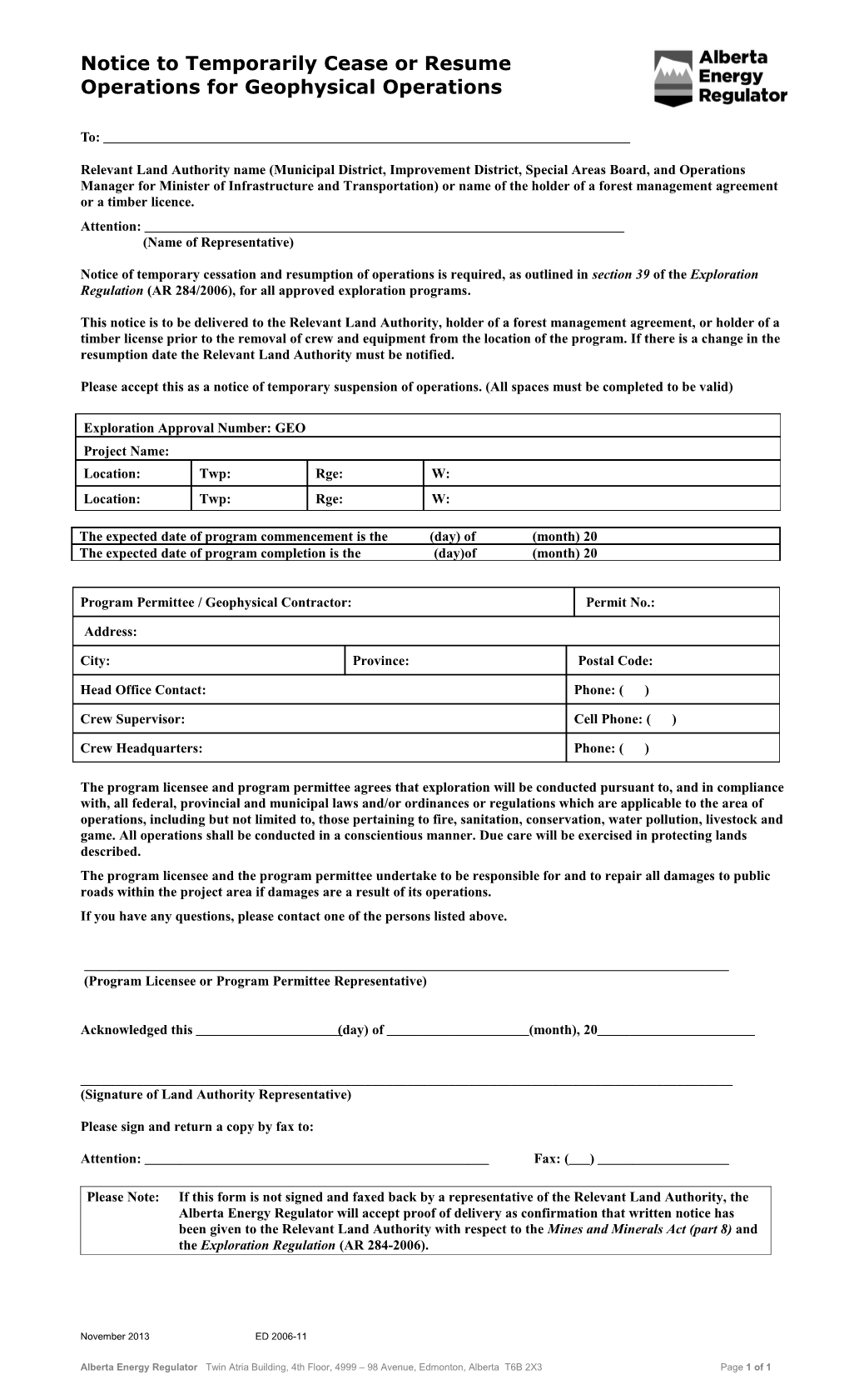 ED2006-11 Form Notice to Temporairly Cease Or Resume Operations for Geophysical Operations