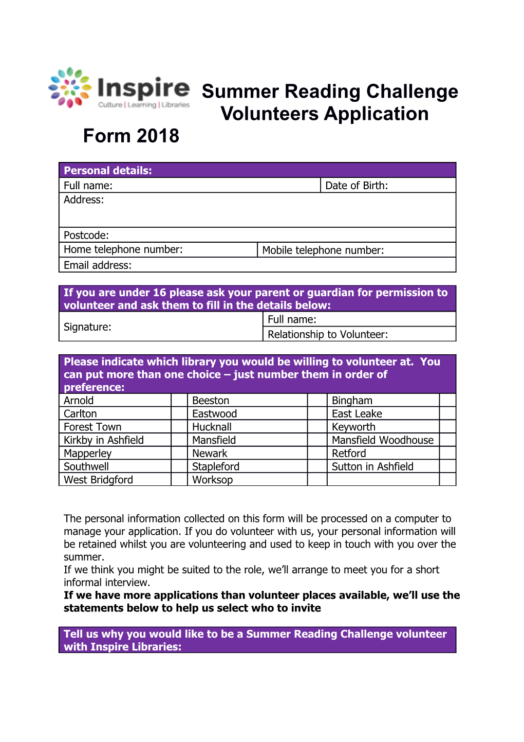 Summer Reading Challenge Volunteers Application Form 2018