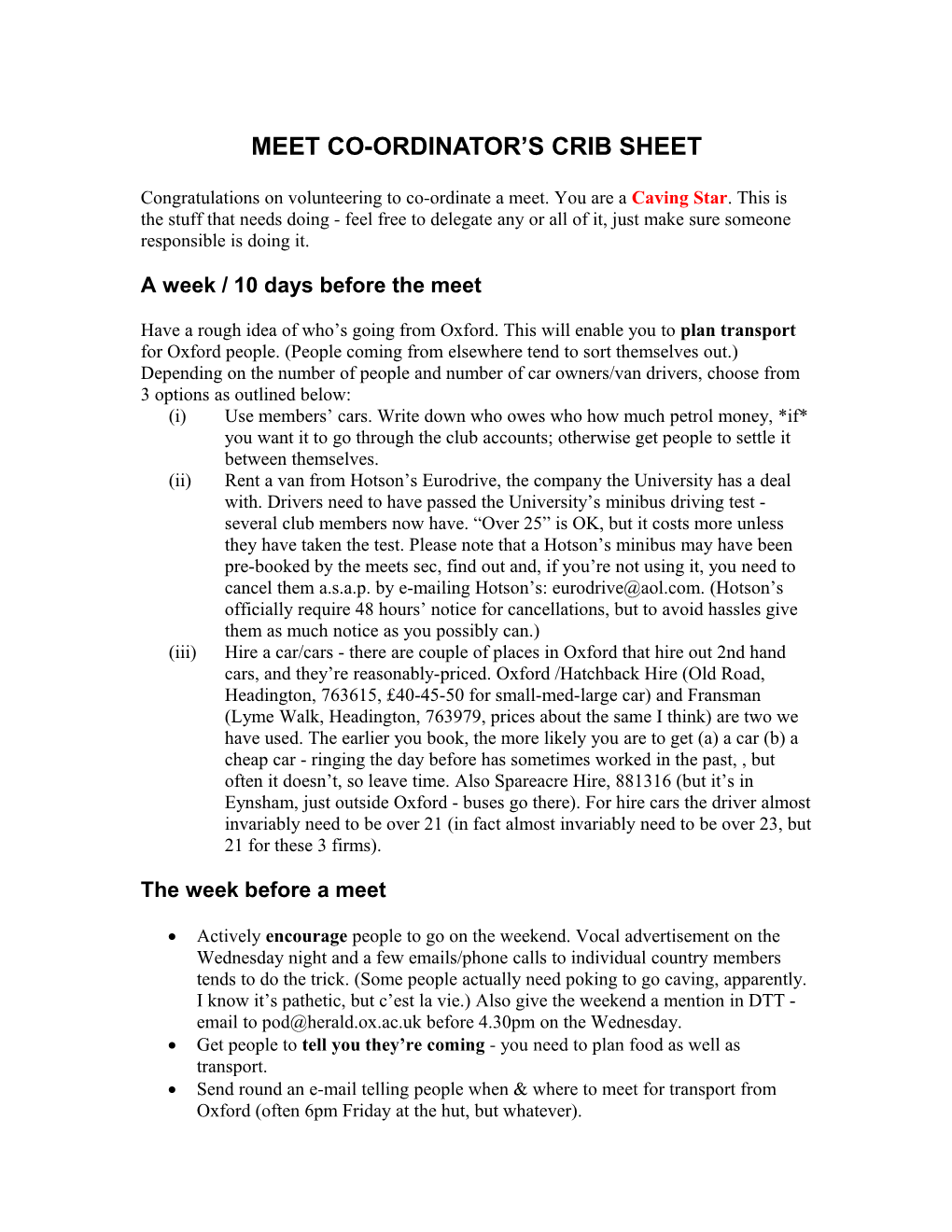 Meet Co-Ordinator S Crib Sheet