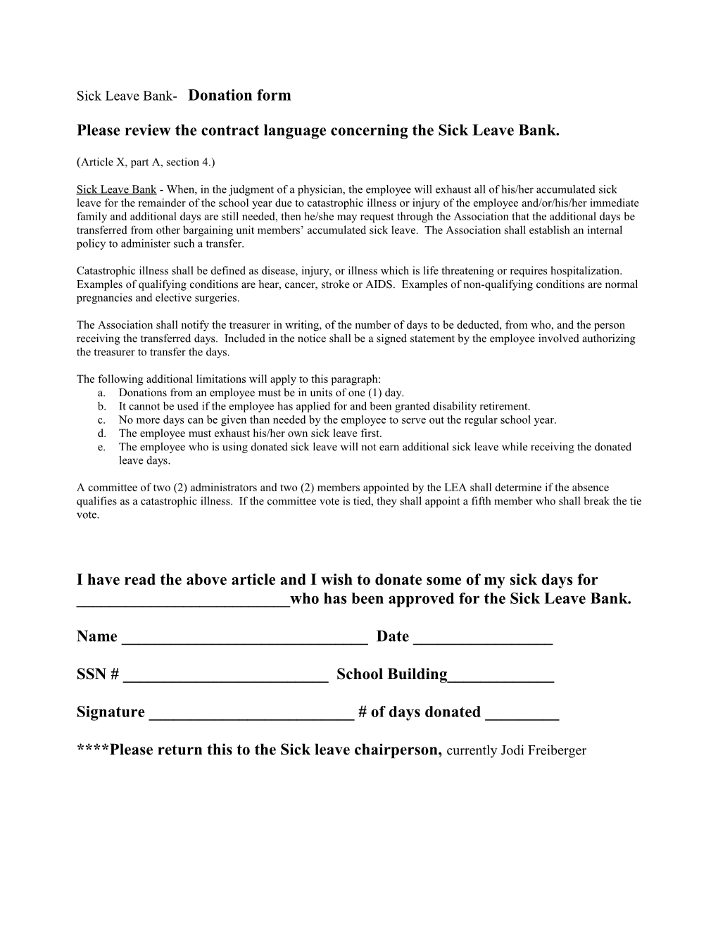 Sick Leave Bank- Donation Form