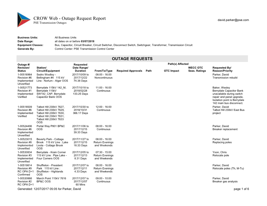 PSE Transmission Outages