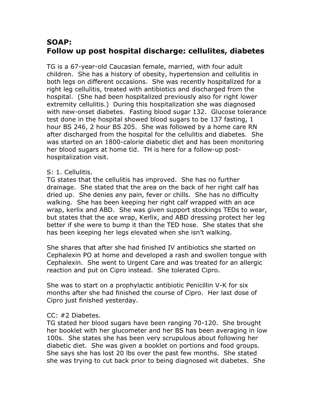 Follow up Post Hospital Discharge: Cellulites, Diabetes
