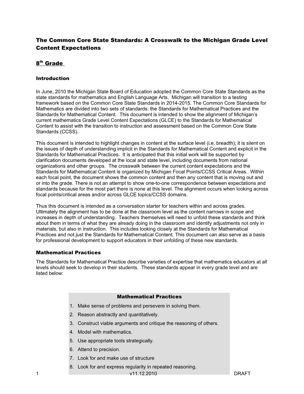 The Common Core State Standards: a Crosswalk to the Michigan Grade Level Content Expectations