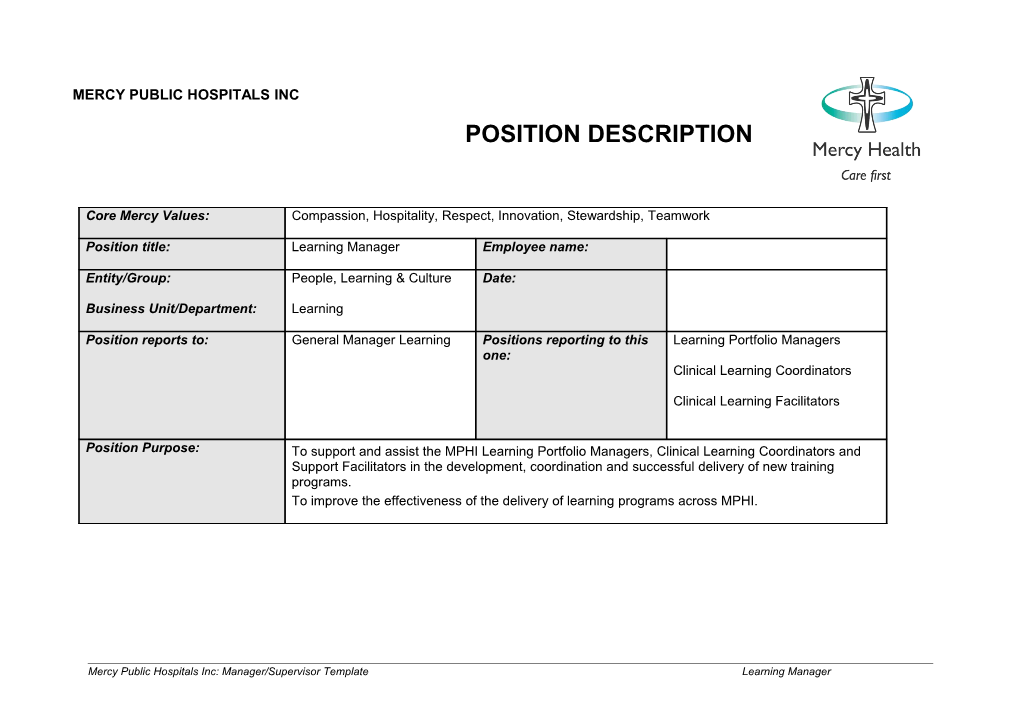 MPHI Position Description Template Manager Supervisor