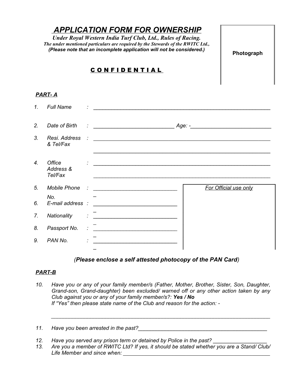 Application Form for Ownership