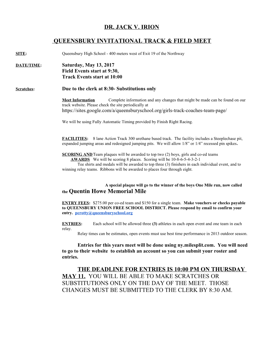 Queensbury Invitational Track & Field Meet