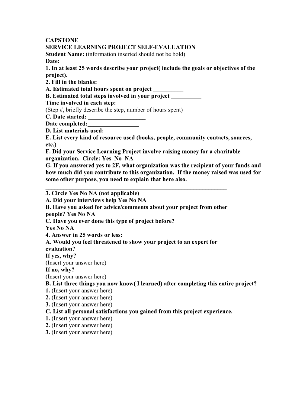 Service Learning Project Self-Evaluation