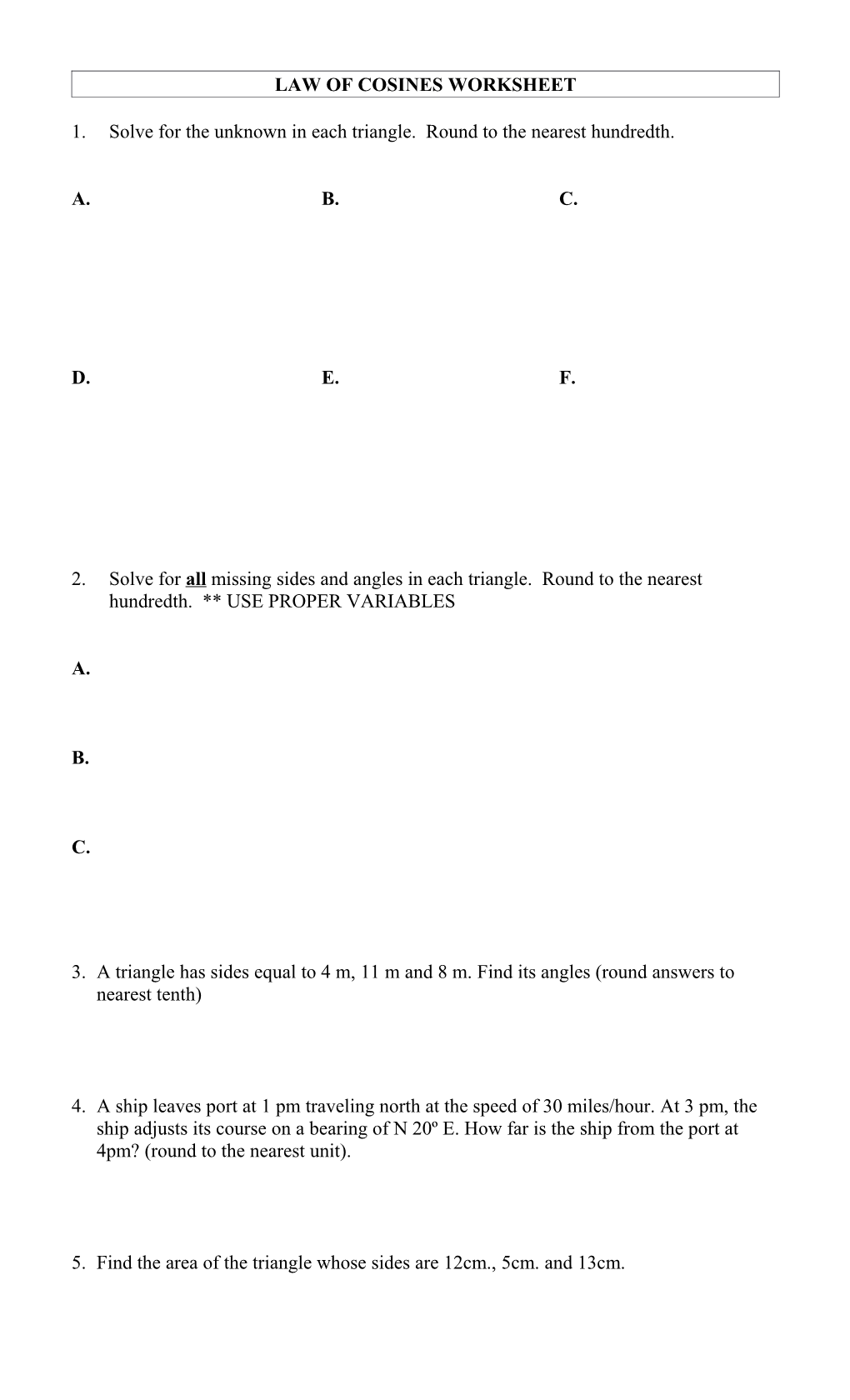 Cosine Law Worksheet