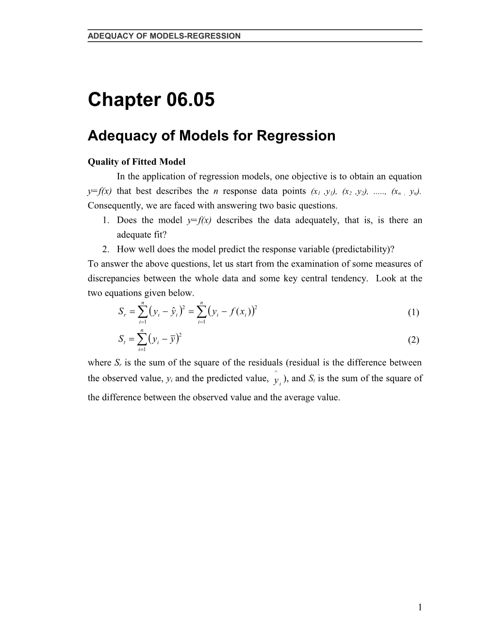 Adequacy of Regression Models