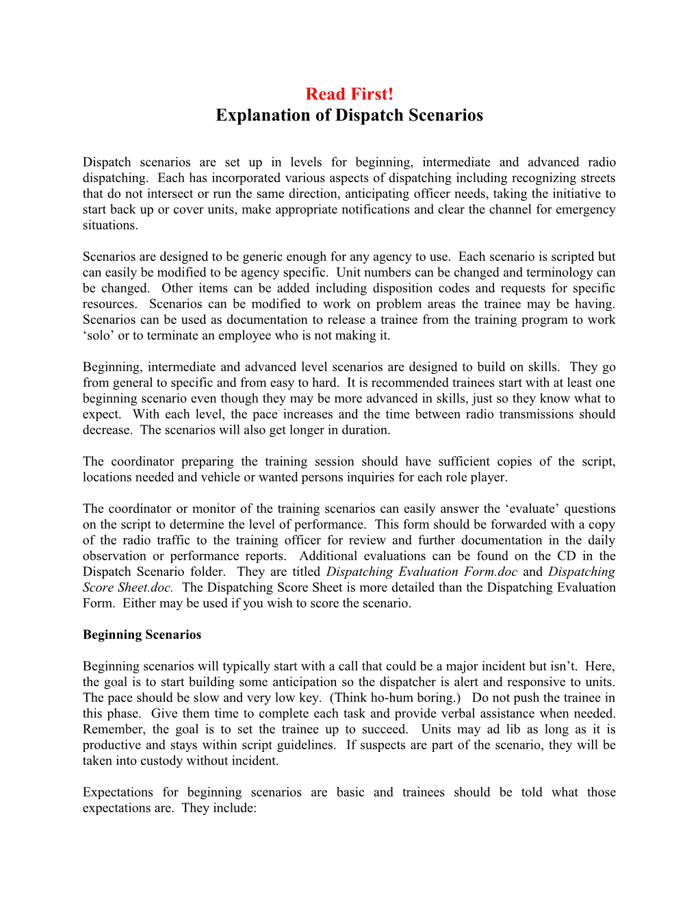 Explanation of Dispatch Scenarios