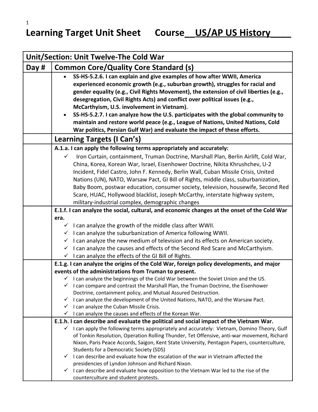 Learning Target Unit Sheet Course__US/AP US History____