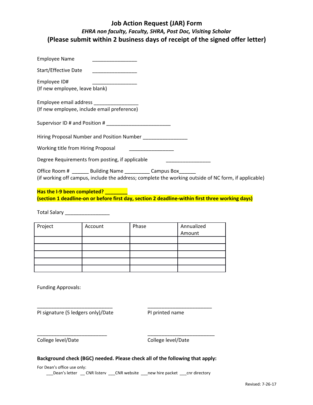 Job Action Request (JAR) Form