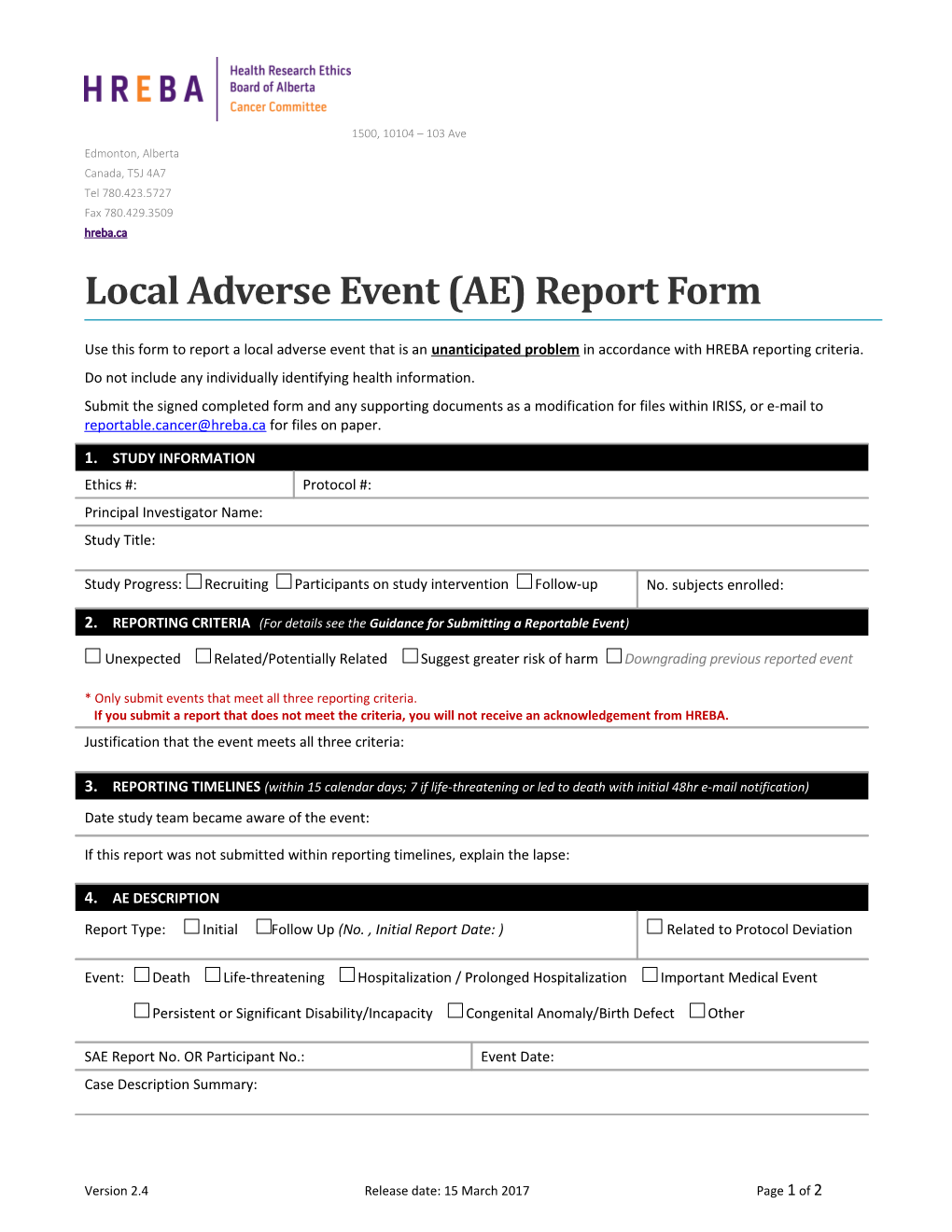 Local SAE Report Form