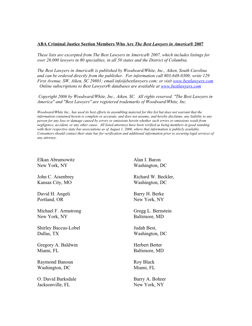 ABA Criminal Justice Section Members Who Are the Best Lawyers in America 2007