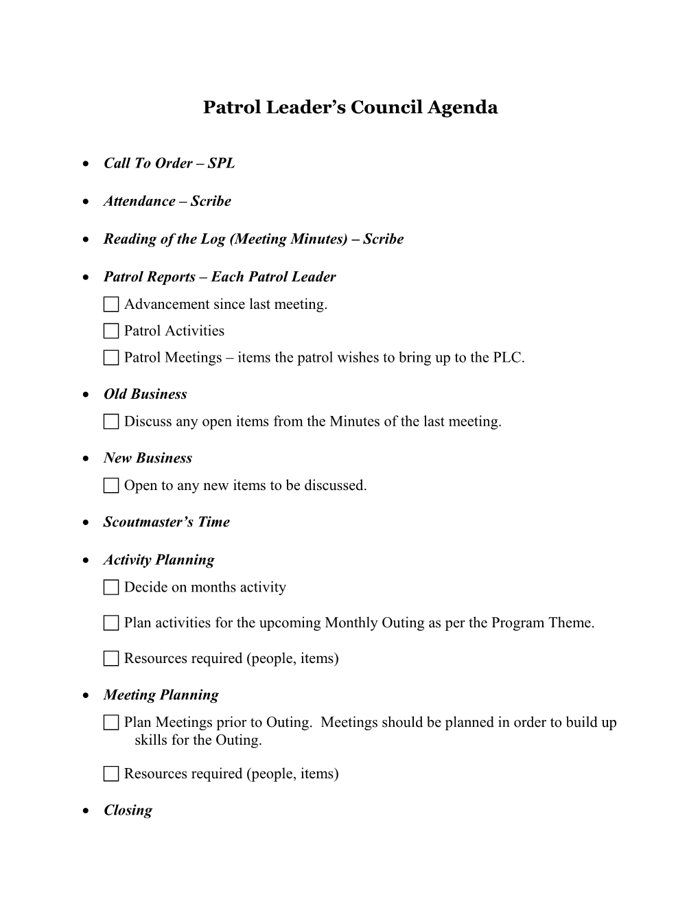 Troop 172 Patrol Leader S Council Agenda