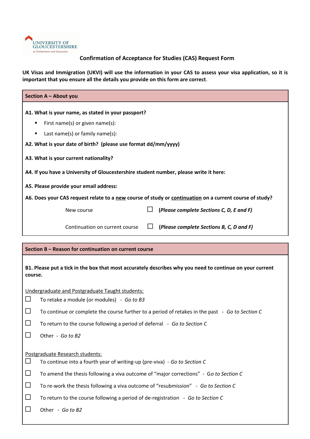 Confirmation of Acceptance for Studies (CAS) Request Form