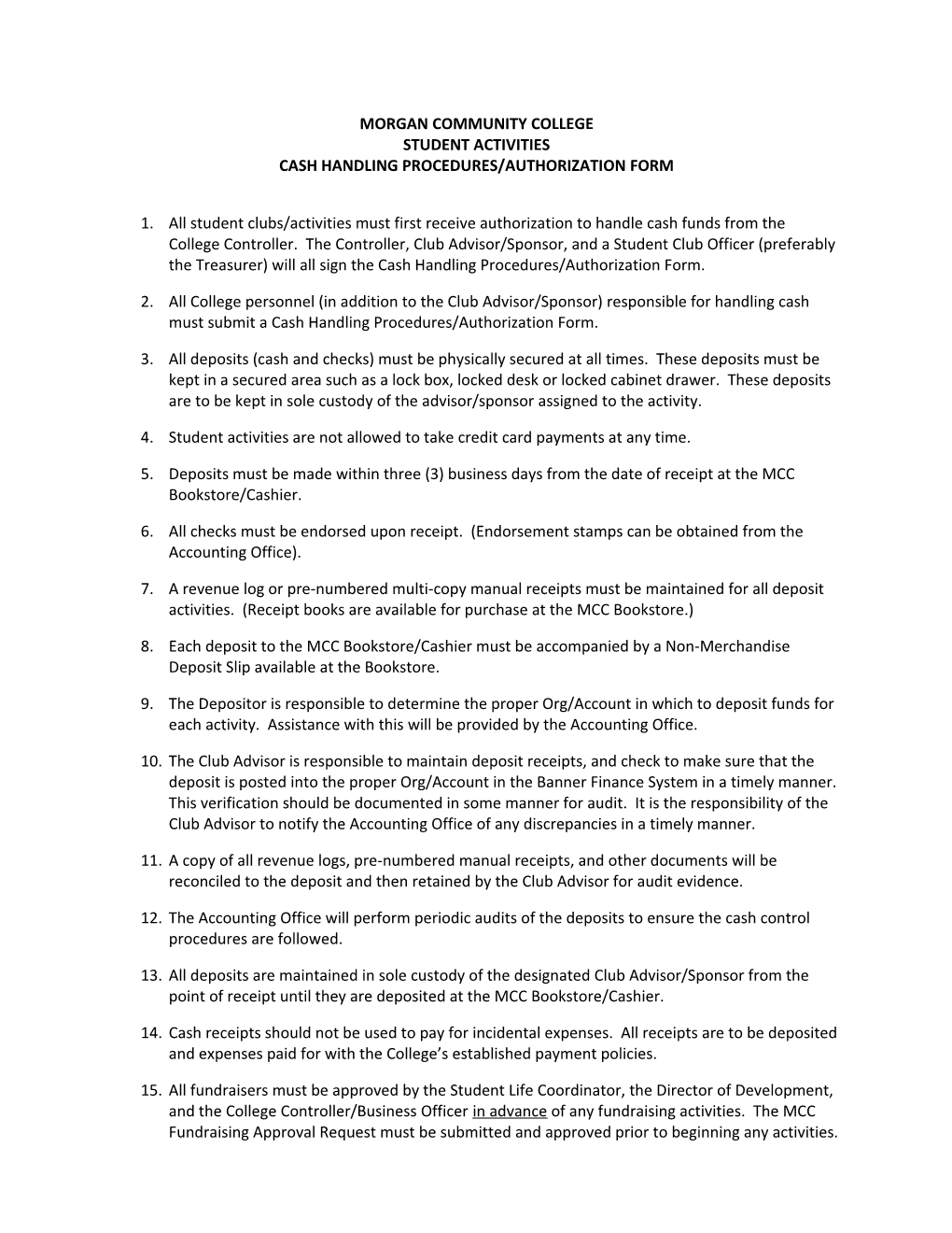 Cash Handling Procedures/Authorization Form