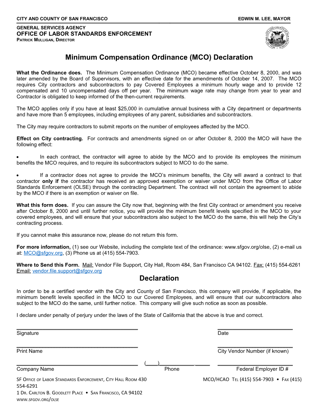 Minimum Compensation Ordinance (MCO) Declaration