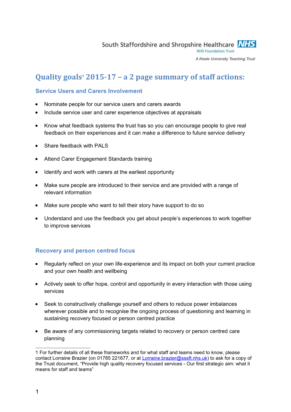 Quality Goals 1 2015-17 a 2 Page Summary of Staffactions