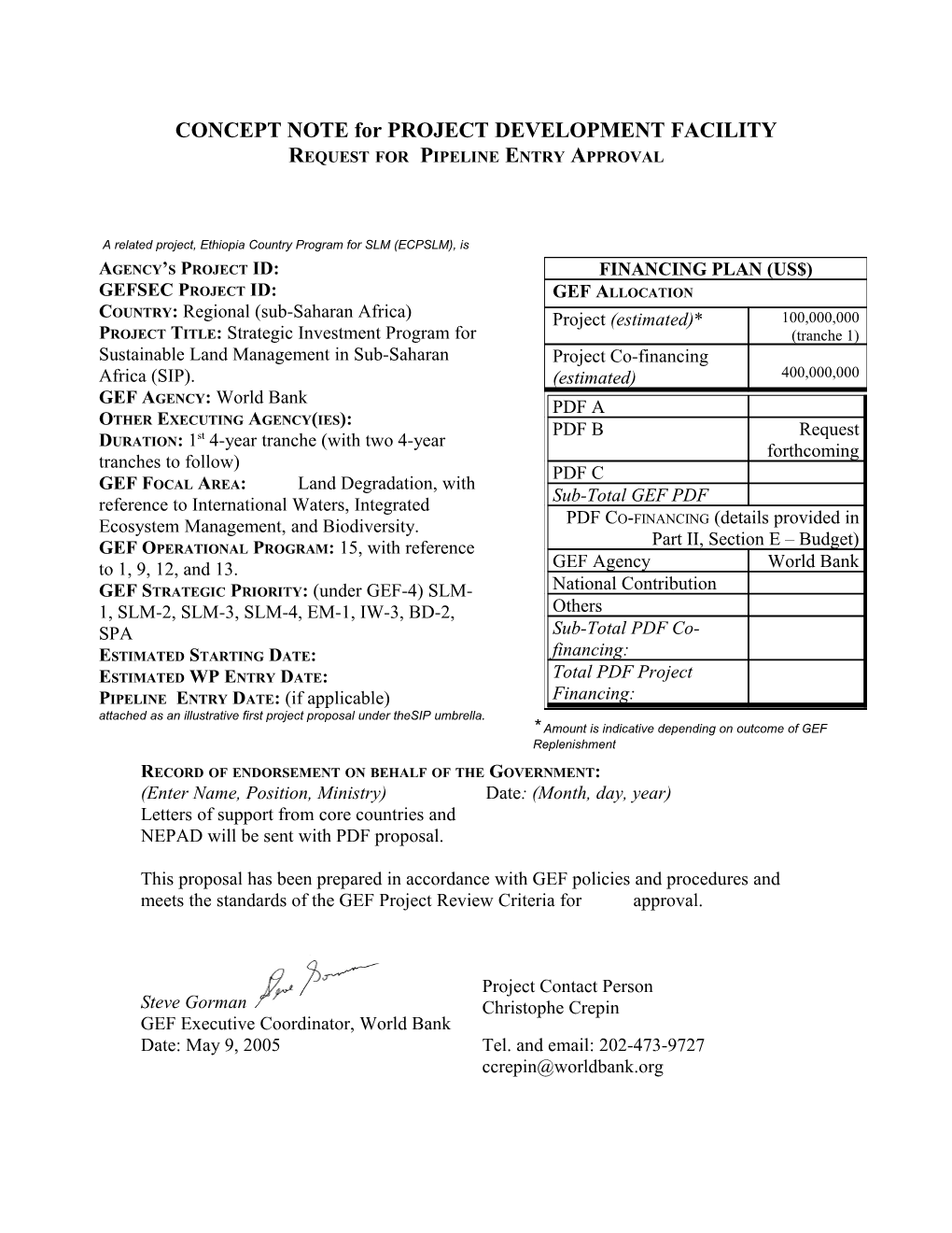 CONCEPT NOTE for PROJECT Development Facility