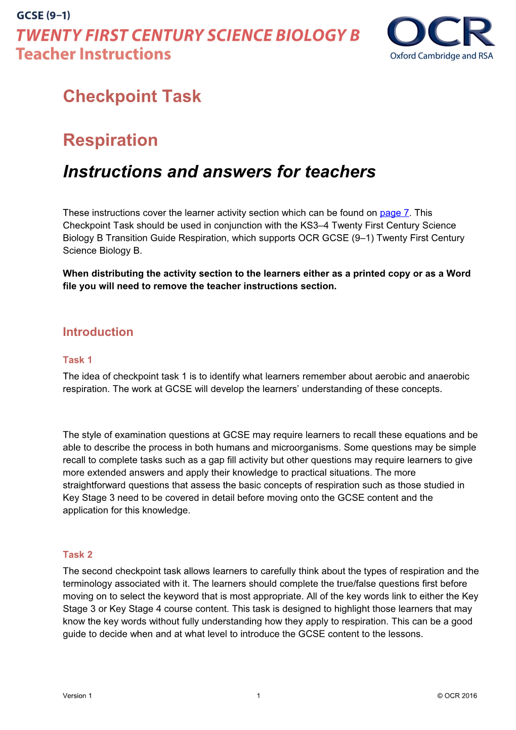 OCR GCSE (9-1) Biology B (21St Century Science) B4 Respiration Checkpoint Task