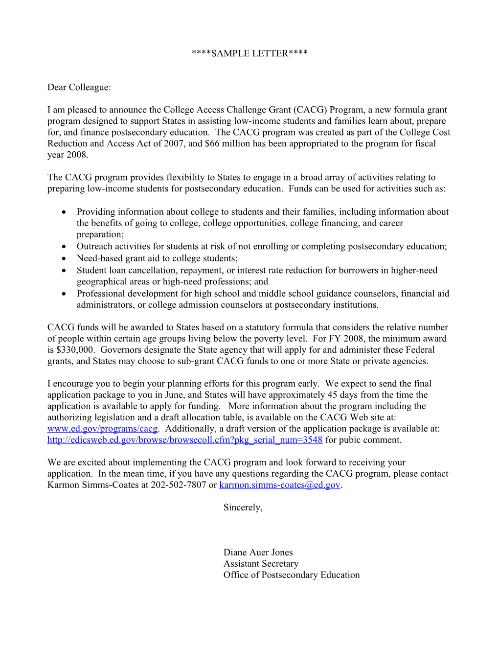 Sample Dear Colleague Letter for the College Access Challenge Grant Program (MS Word)