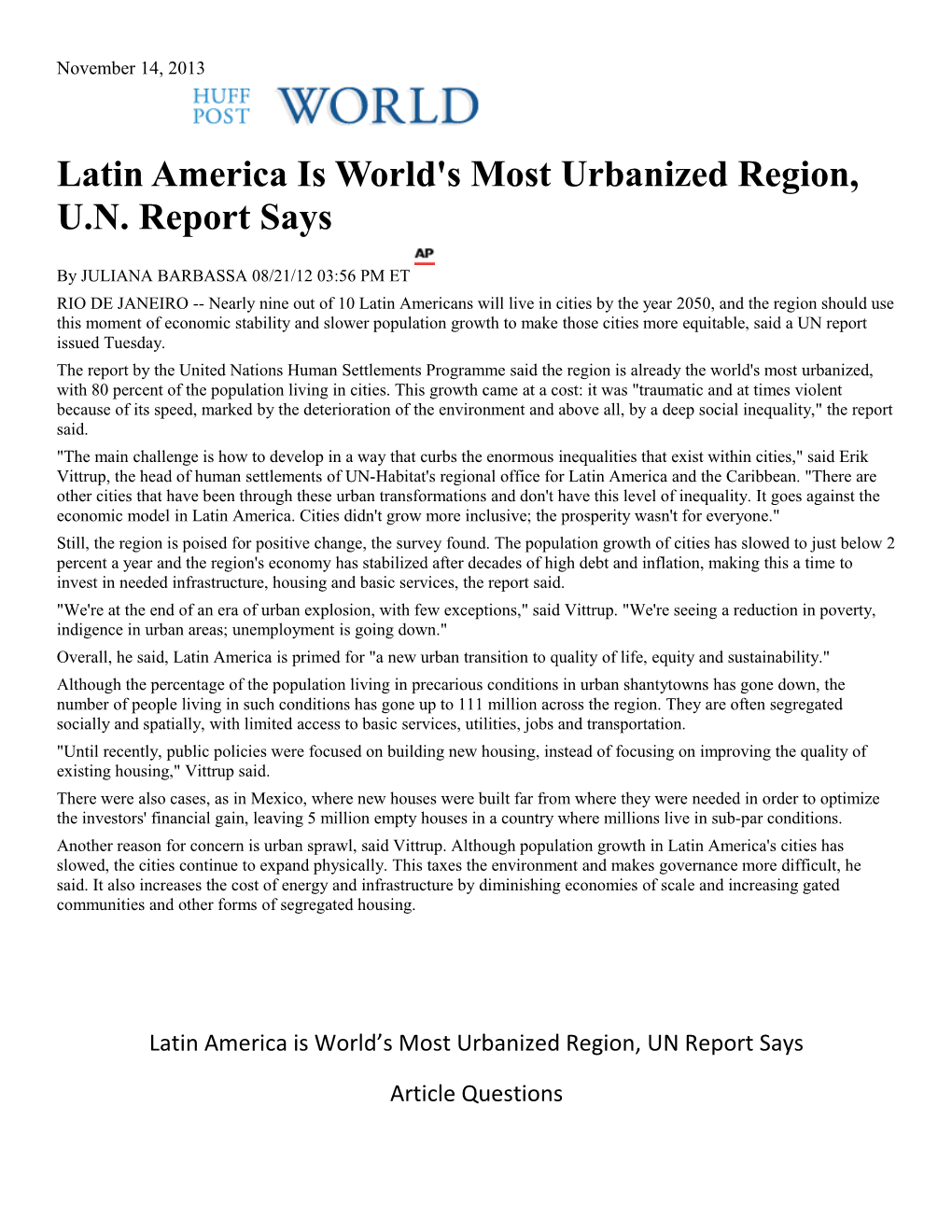 Latin America Is World's Most Urbanized Region, U.N. Report Says