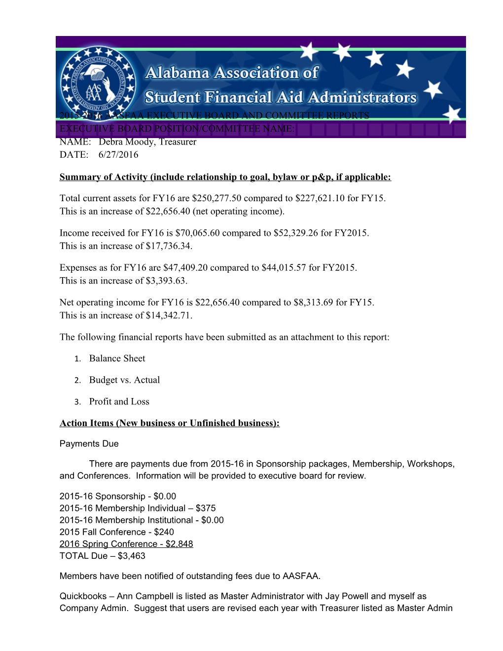 2015-2016 Aasfaa Executive Board and Committee Reports