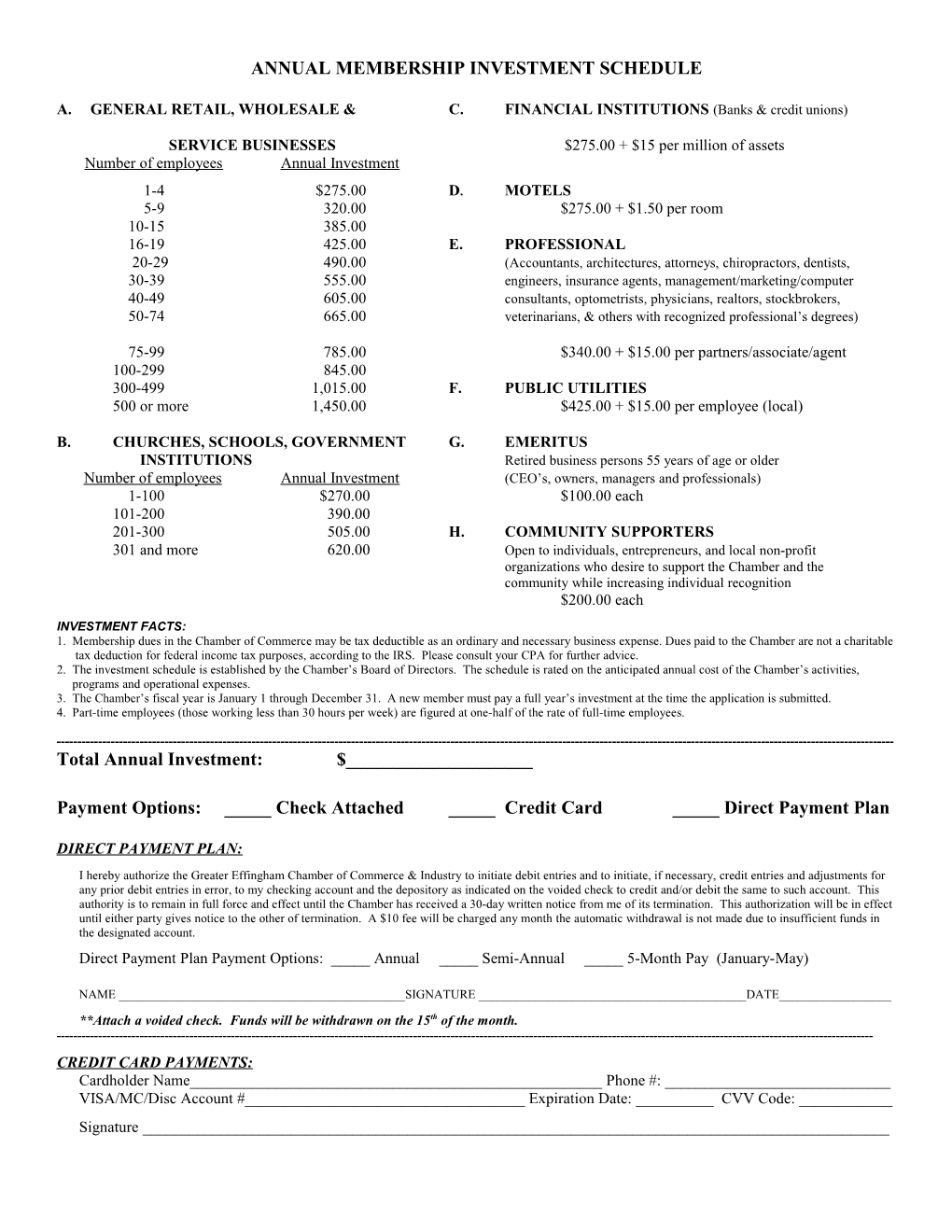 Annual Membership Investment Schedule