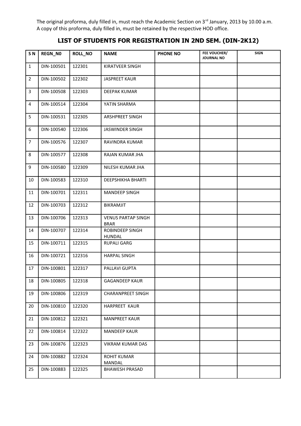 List of Students for Registration in 2Nd Sem. (Din-2K12)