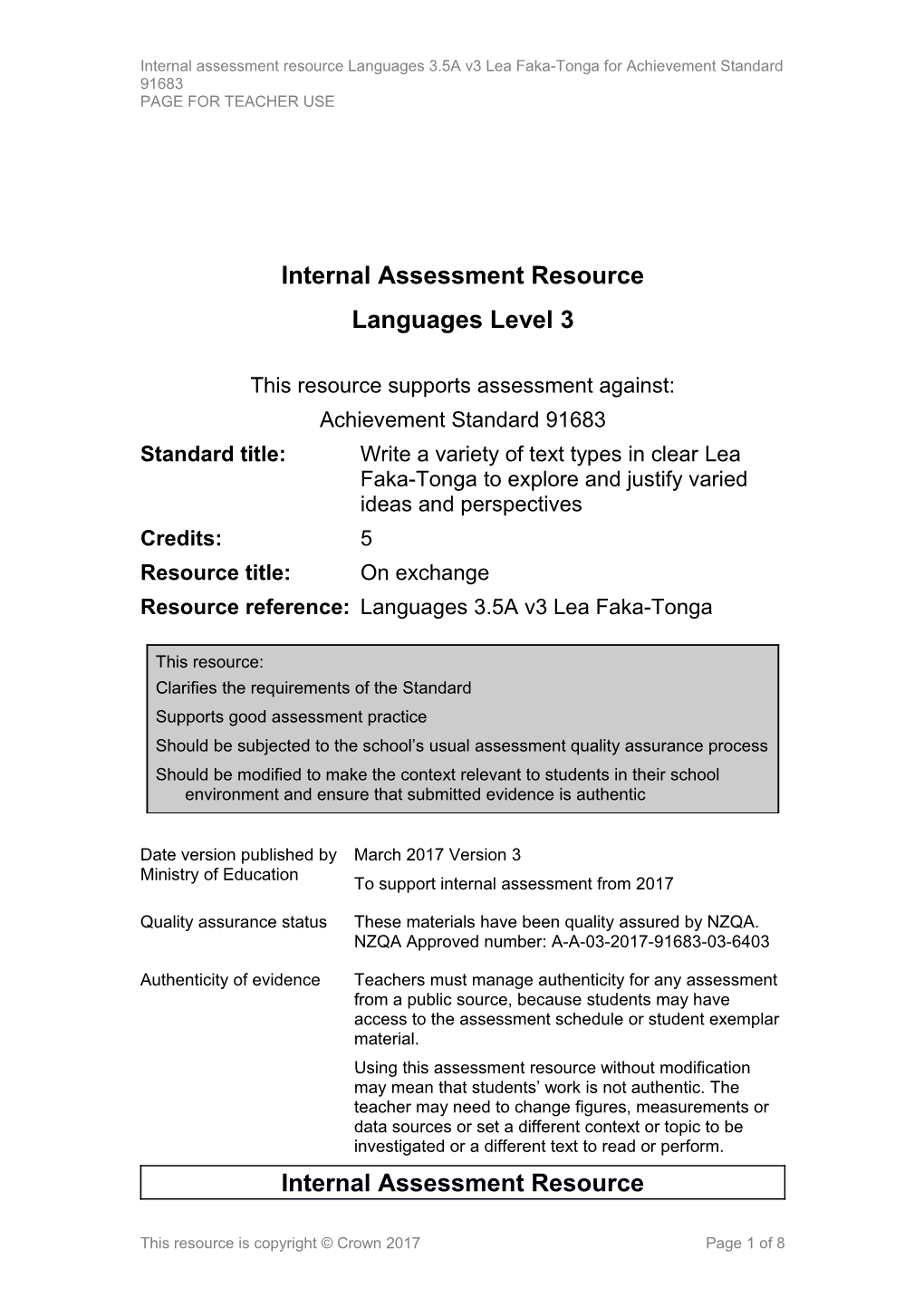 Level 3 Languages Internal Assessment Resource - Lea Faka-Tonga