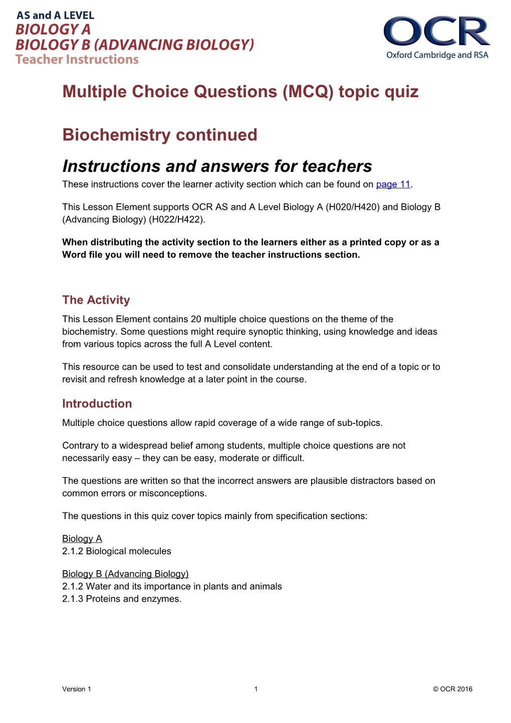 AS and a Level Biology Lesson Element - Biochemistry