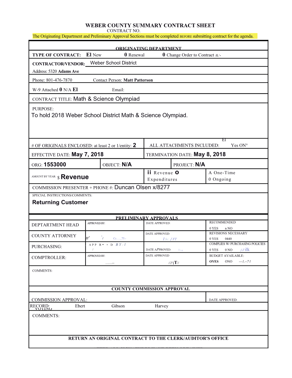 Weber County Summary Contract Sheet s1