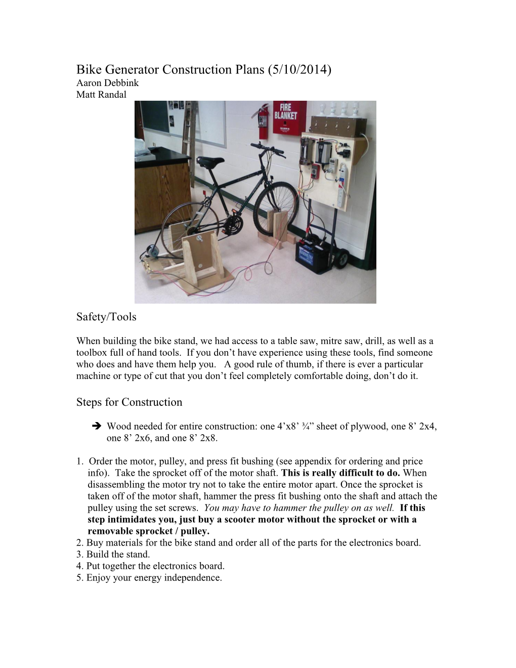 Bike Generator Construction Plans (5/10/2014)