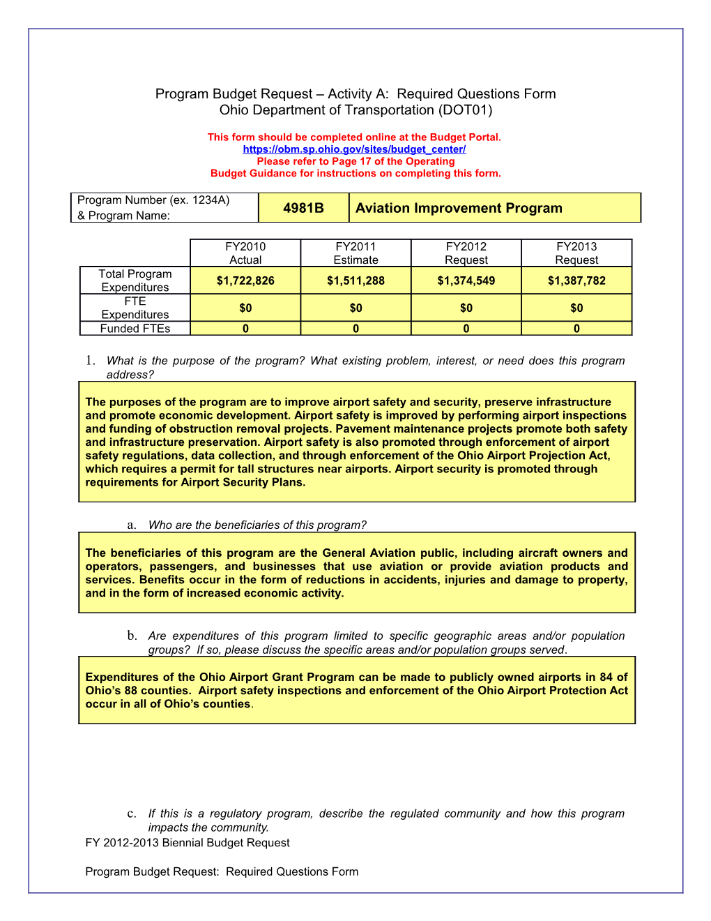 Program Budget Request Activity A: Required Questions Form s2