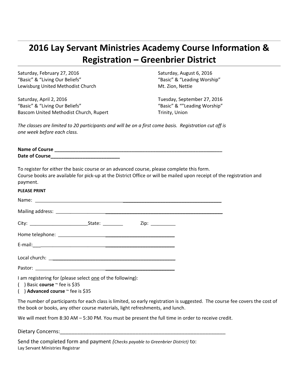 2016 Lay Servant Ministries Academy Course Information & Registration Greenbrier District