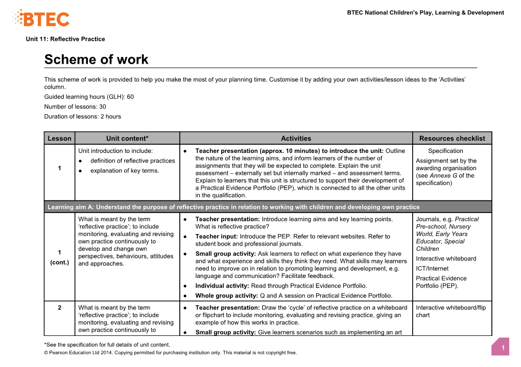 Unit 11: Reflective Practice - Scheme of Work (Version 1 Sept 14)