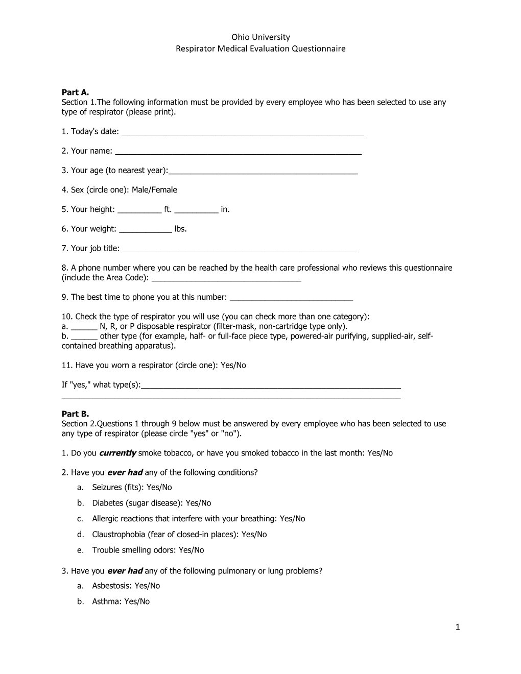 Respirator Medical Evaluation Questionnaire s1