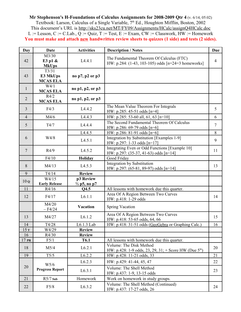 H-Calculus-B Assignments for Quarter 4